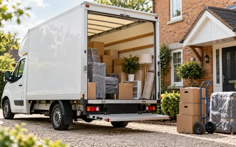 White removal van loaded with boxes and protected furniture outside a home