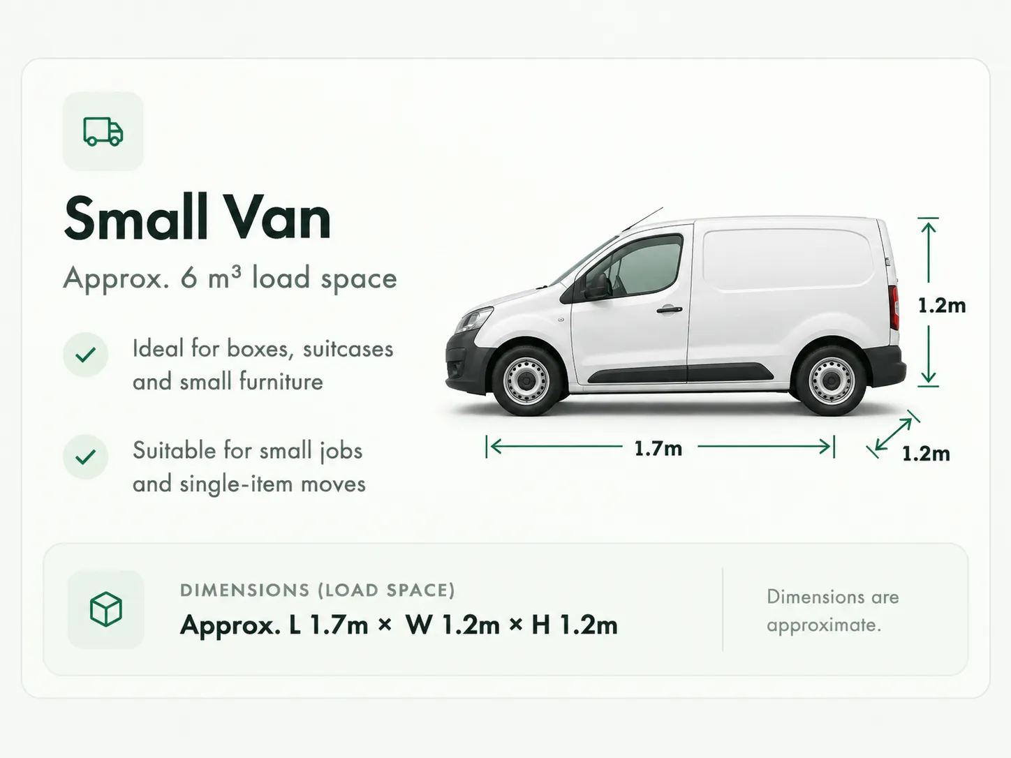 Small van load space and approximate dimensions